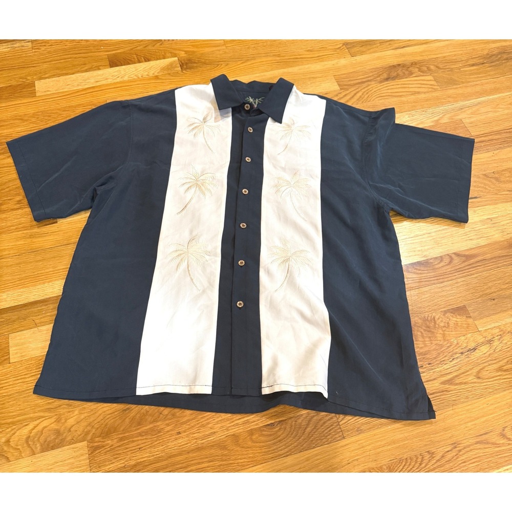 Bamboo Cay Mens XXL Navy Blue White Palm Tree Embroidered Bowling Camp Shirt